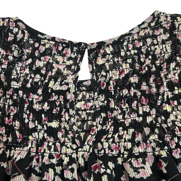 Banana Republic Medium Black Micro Floral Striped Smocked Ruffle Blouse - Picture 7 of 11